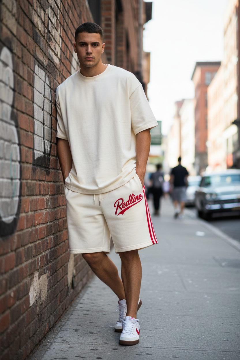 Redline by BoZo Cream Script Shorts — streetwear lifestyle photo