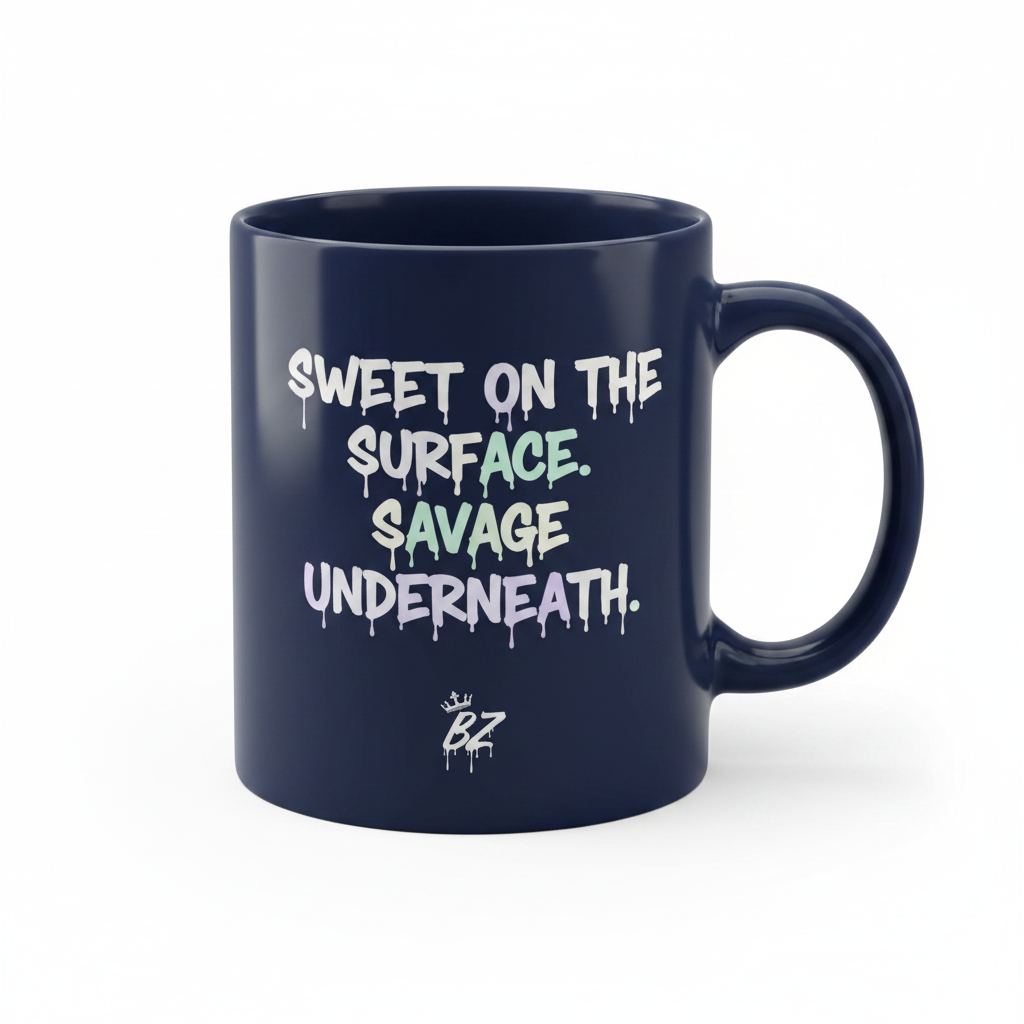 Sweet On The Surface Savage Underneath BoZo navy mug