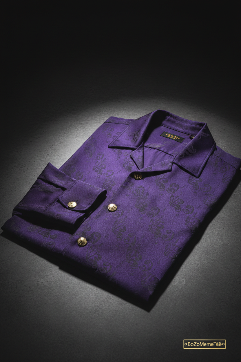 Chemise camp collar soie mauve dark joker monogramme BZ baroque boutons or Maison BoZo