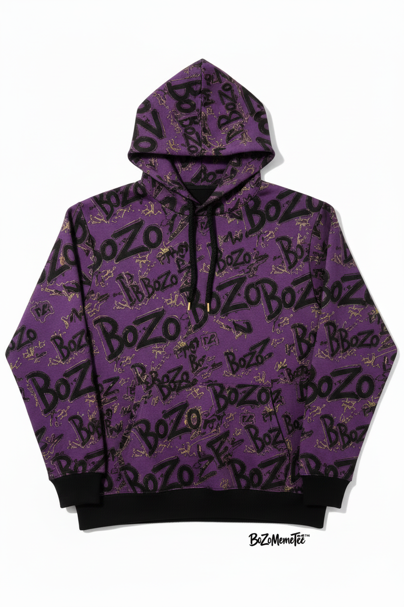 Dark purple all-over BoZo typography graffiti oversized hoodie black gold lettering BoZoMemeTee streetwear
