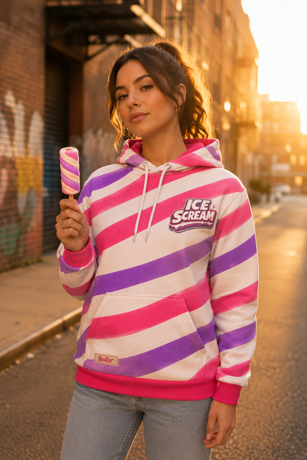 ICE SCREAM Fruity Fluffy Juice Hoodie — women's candy stripe front view