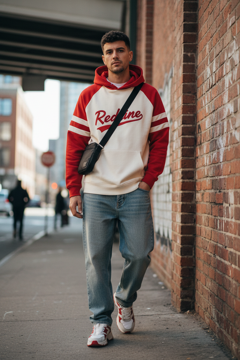 Redline by BoZo Cream Red Raglan Script Hoodie — streetwear lifestyle photo