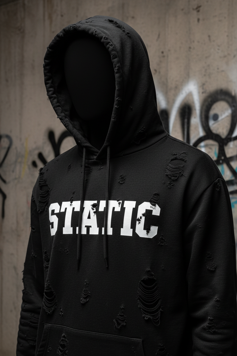 STATIC distressed hoodie front