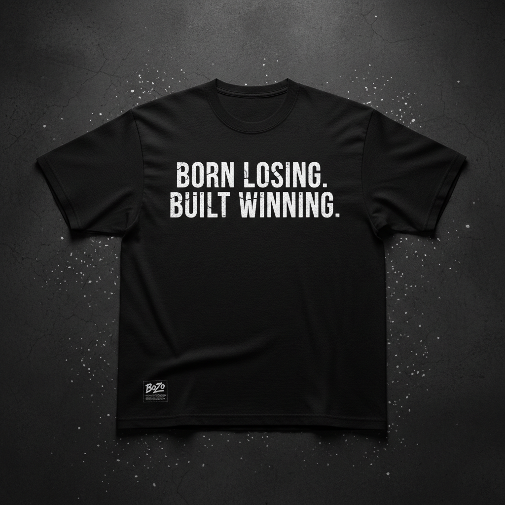 Black heavyweight tee with bold white BORN LOSING BUILT WINNING typography