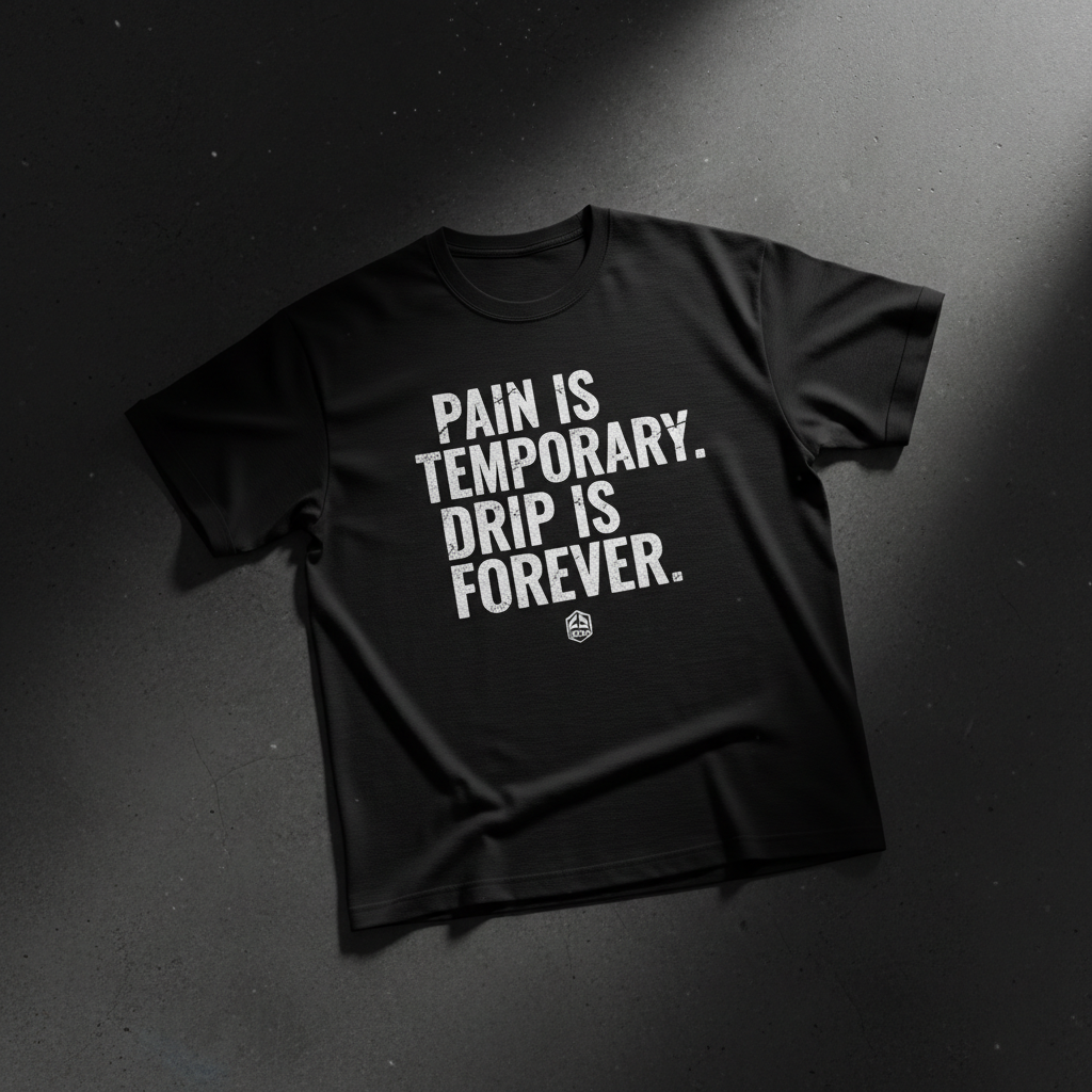 Black heavyweight tee with bold white PAIN IS TEMPORARY DRIP IS FOREVER typography