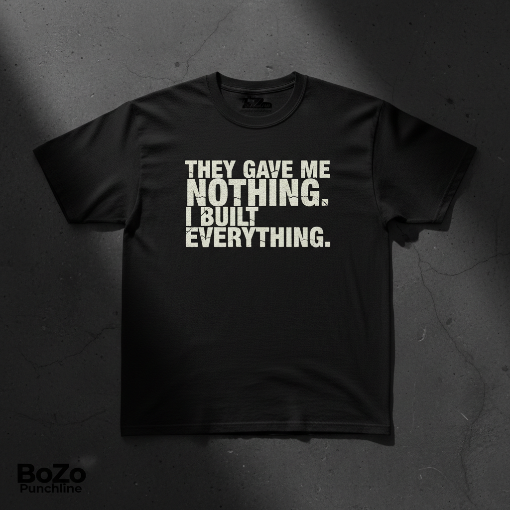 Black heavyweight tee with bold white THEY GAVE ME NOTHING I BUILT EVERYTHING typography