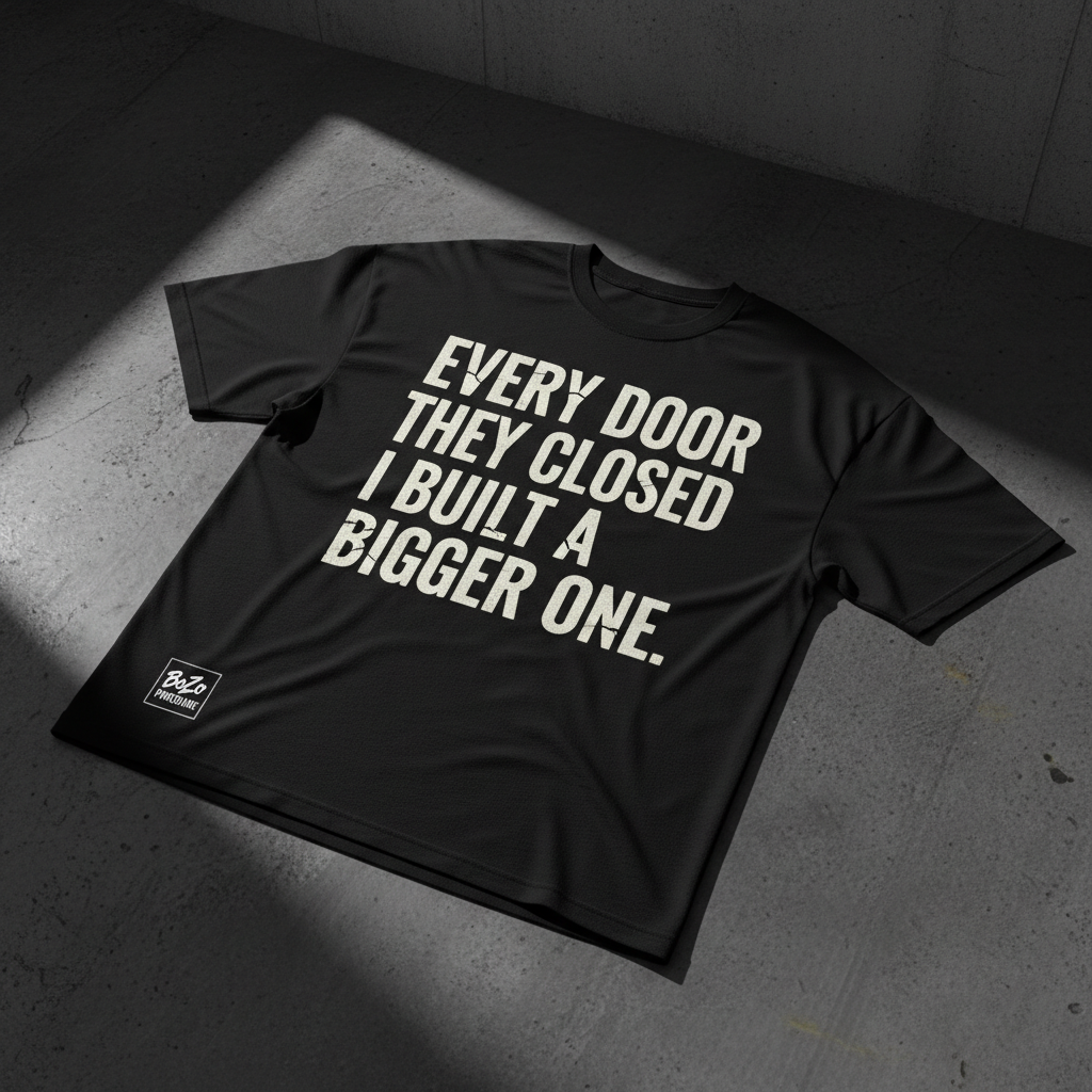 Black heavyweight tee with bold white typography - Every Door They Closed I Built A Bigger One