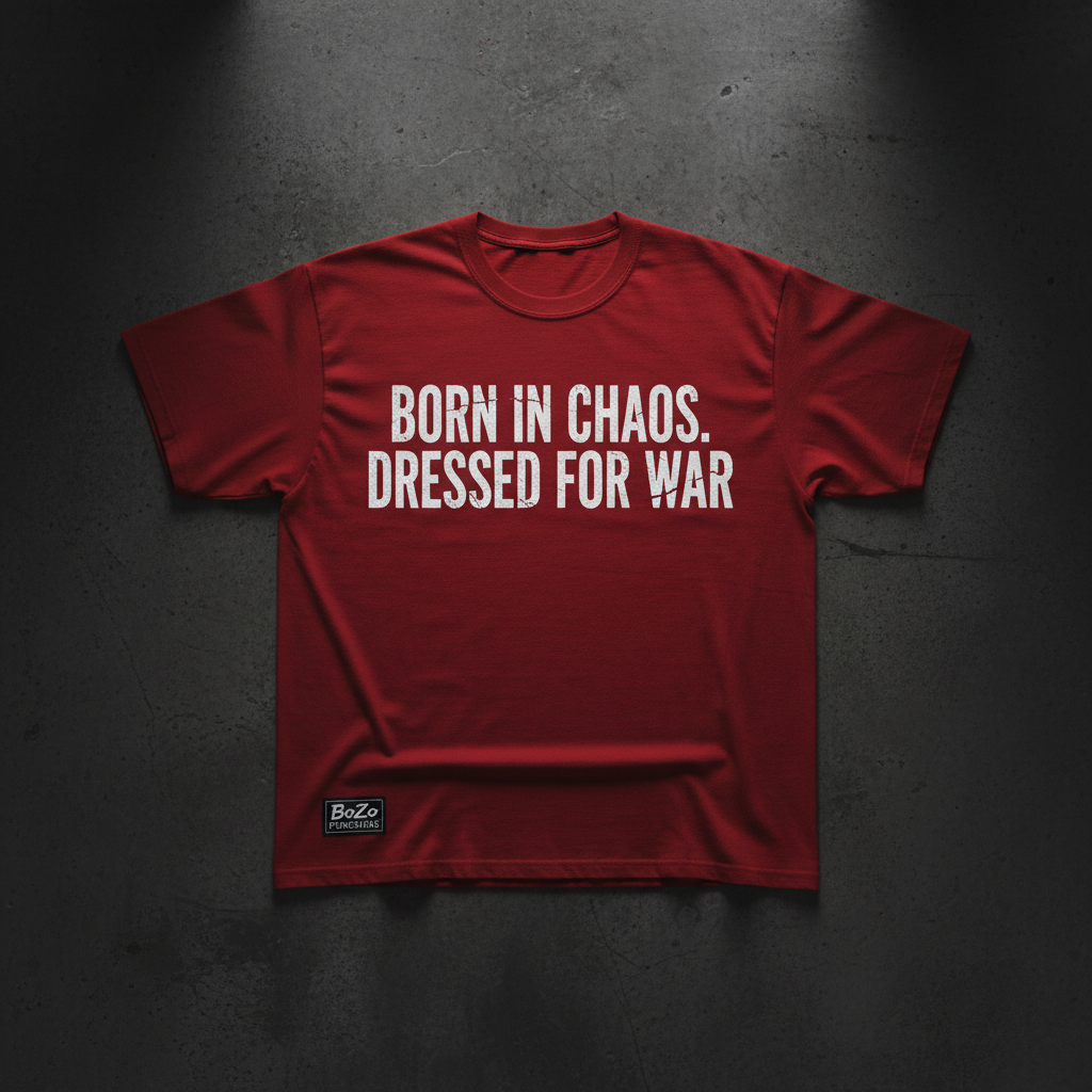 Red heavyweight tee with bold white BORN IN CHAOS DRESSED FOR WAR typography