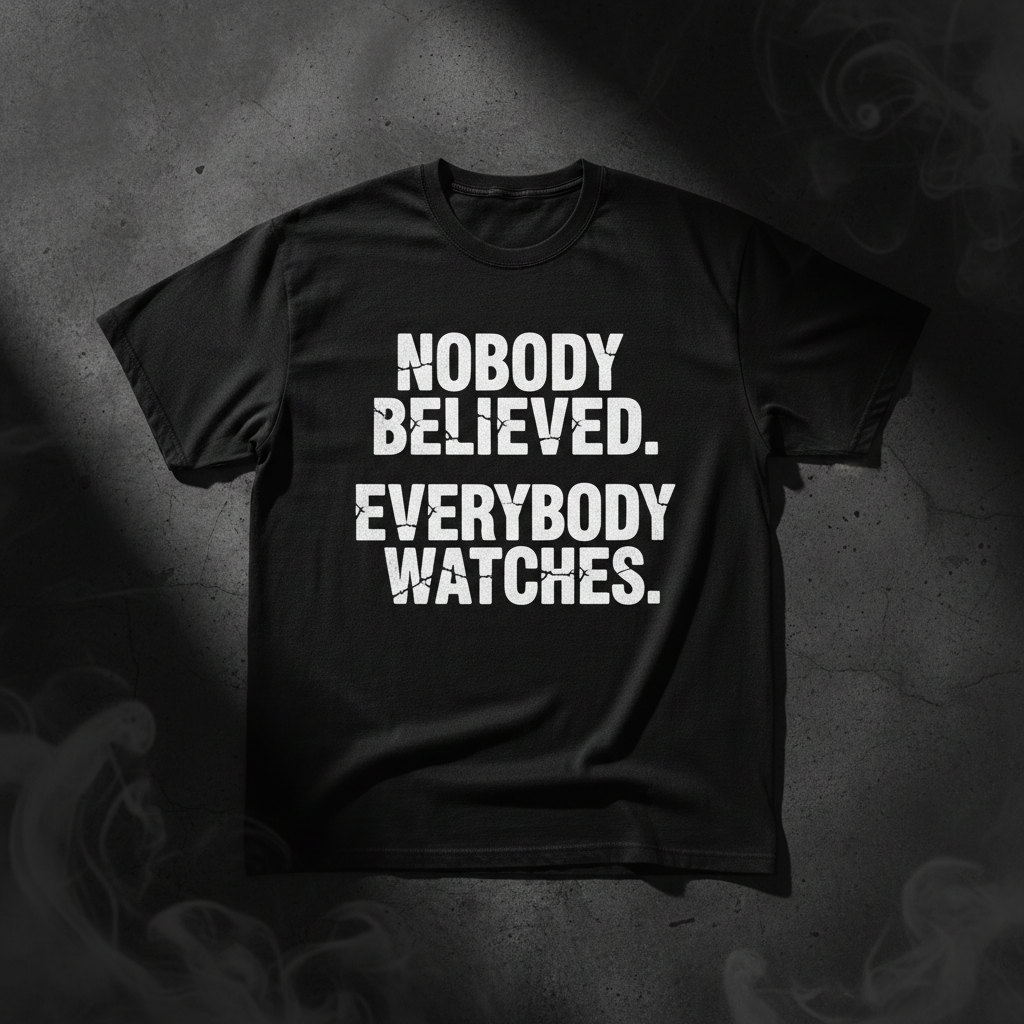 Black heavyweight tee with bold white NOBODY BELIEVED EVERYBODY WATCHES typography