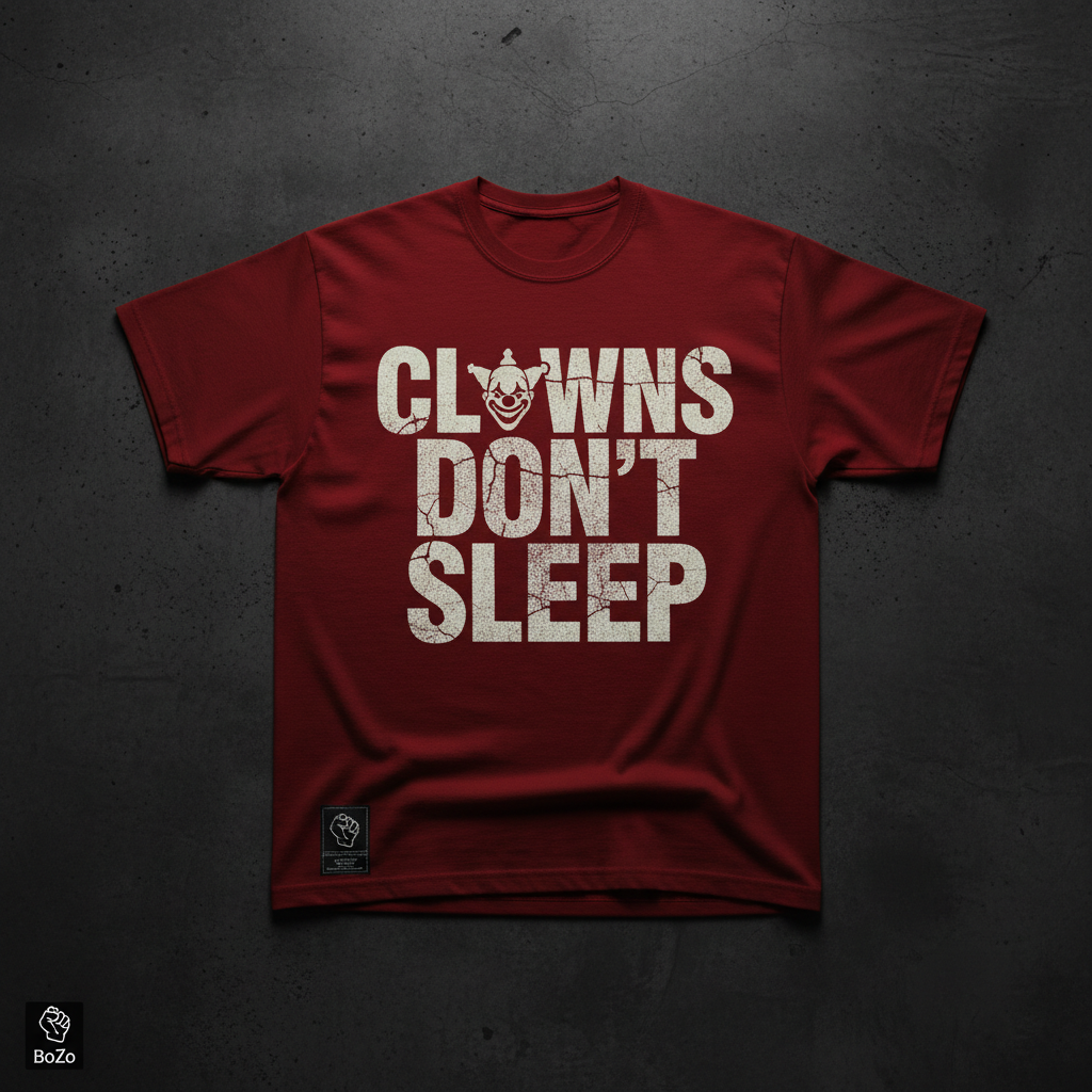 Red heavyweight tee with bold white CLOWNS DON'T SLEEP typography