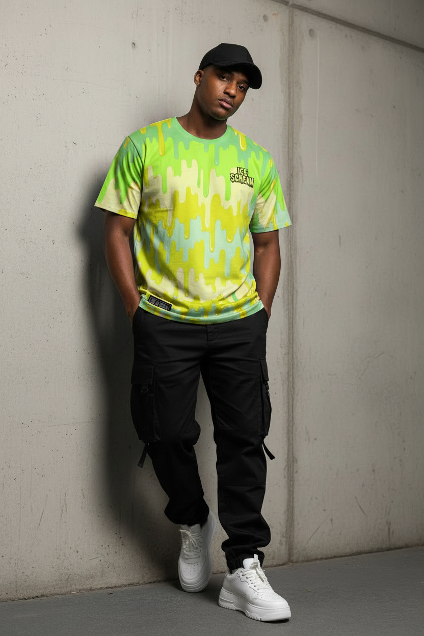 Toxic Sherbet Tee by ICE SCREAM — neon lime to yellow drip all-over print