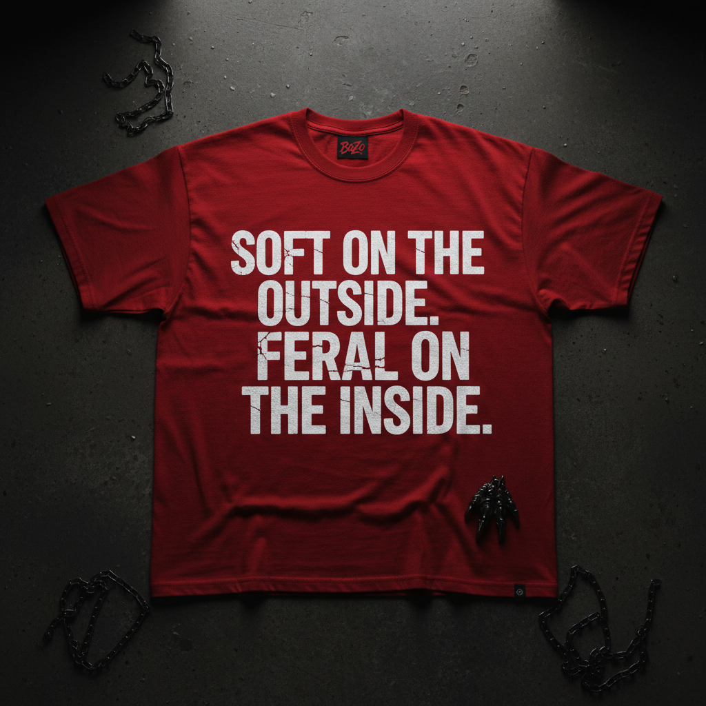 Red heavyweight tee with bold white SOFT ON THE OUTSIDE FERAL ON THE INSIDE typography