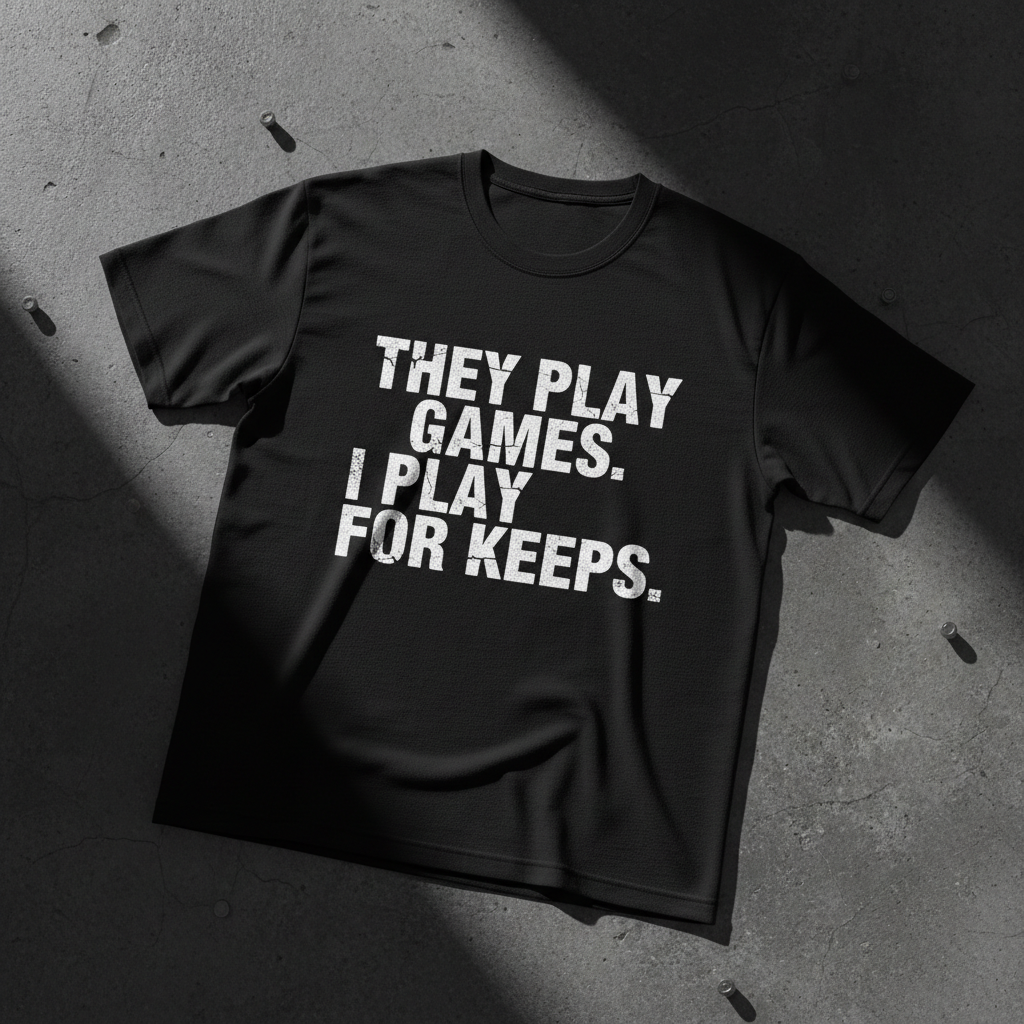 Black heavyweight tee with bold white THEY PLAY GAMES I PLAY FOR KEEPS typography