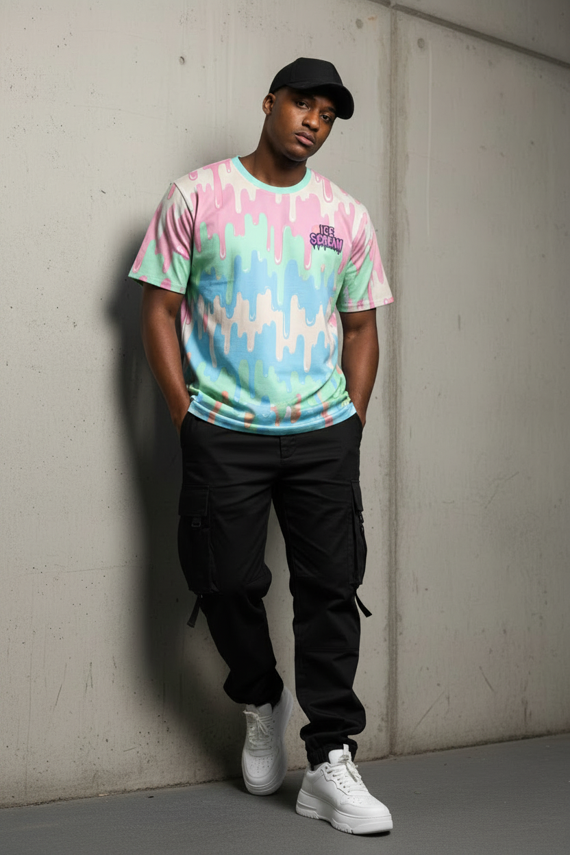 Cotton Candy Chaos Tee by ICE SCREAM — pink to sky blue to mint drip all-over print