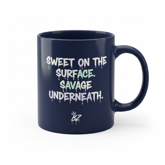 Sweet On The Surface Savage Underneath BoZo navy mug