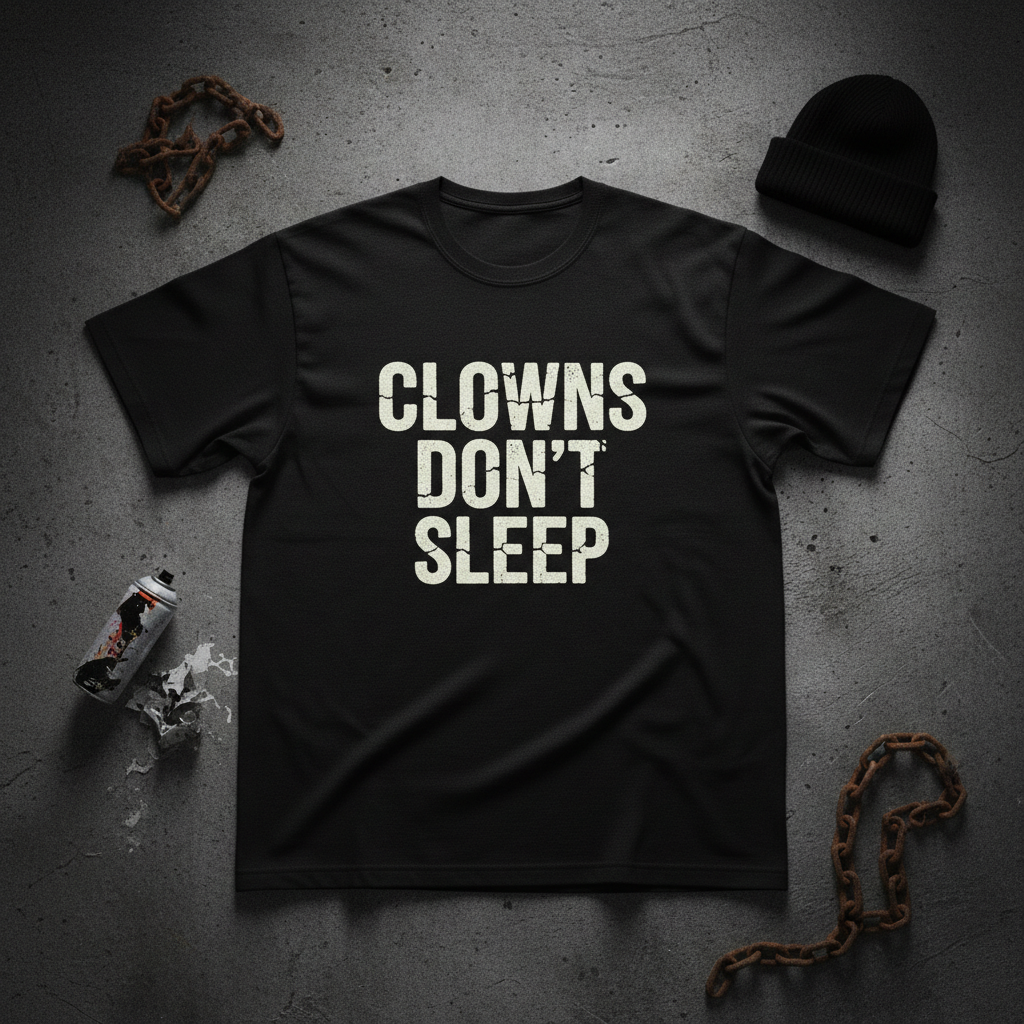 Black heavyweight tee with bold white CLOWNS DON'T SLEEP typography