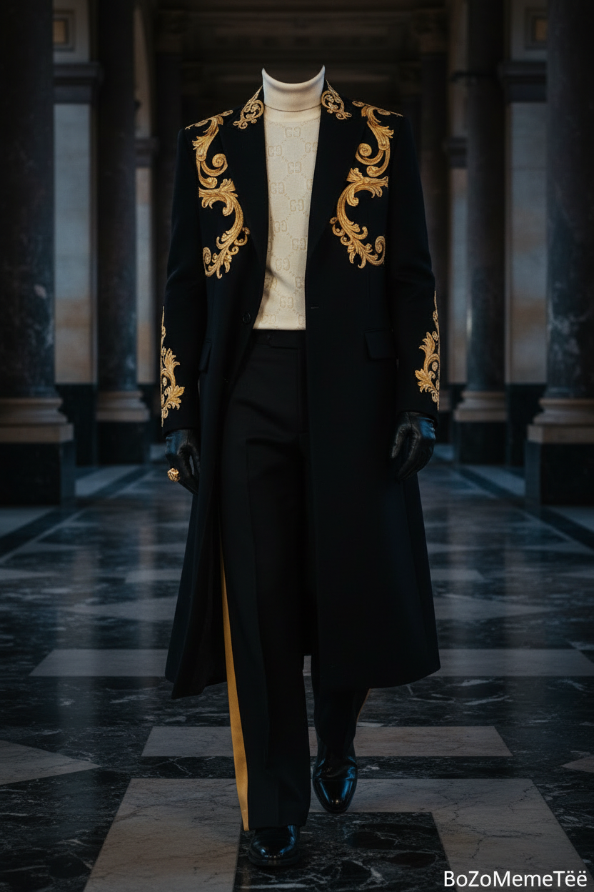 Manteau longline noir broderie baroque or Maison BoZo™