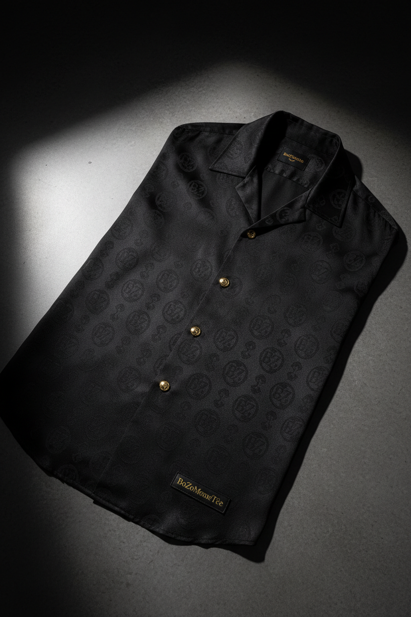Chemise camp collar soie noire monogramme BZ baroque boutons or Maison BoZo