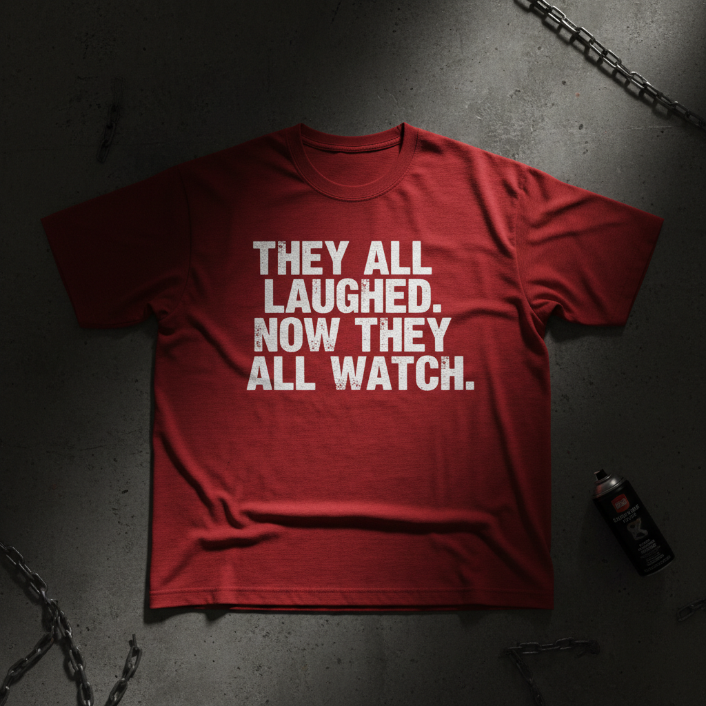 Red heavyweight tee with bold white typography - They All Laughed Now They All Watch