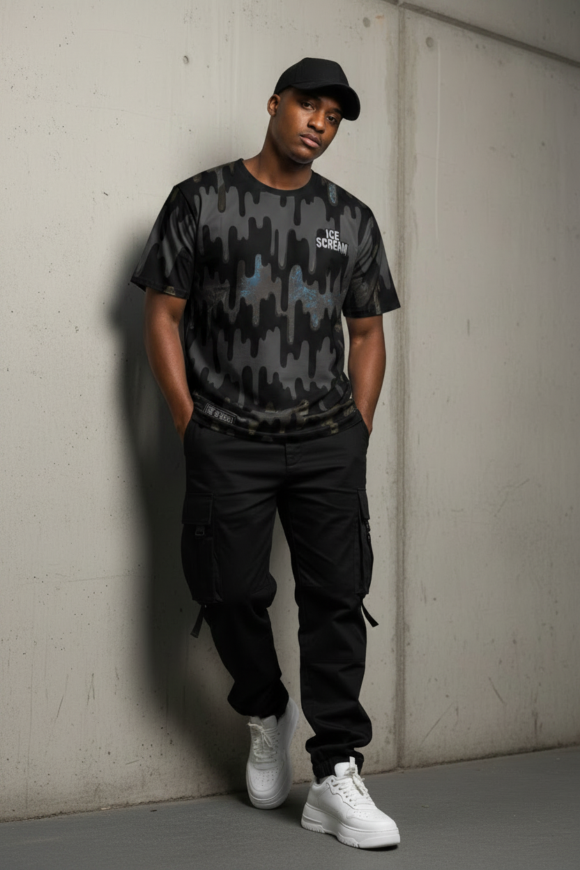 Phantom Drip Tee by ICE SCREAM — black to grey with icy blue drip all-over print