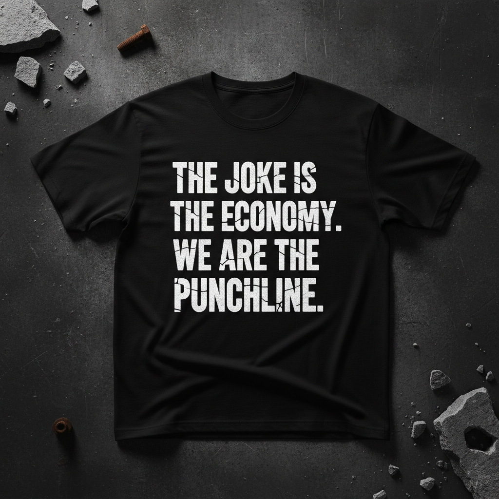 Black heavyweight tee with bold white typography - The Joke Is The Economy We Are The Punchline