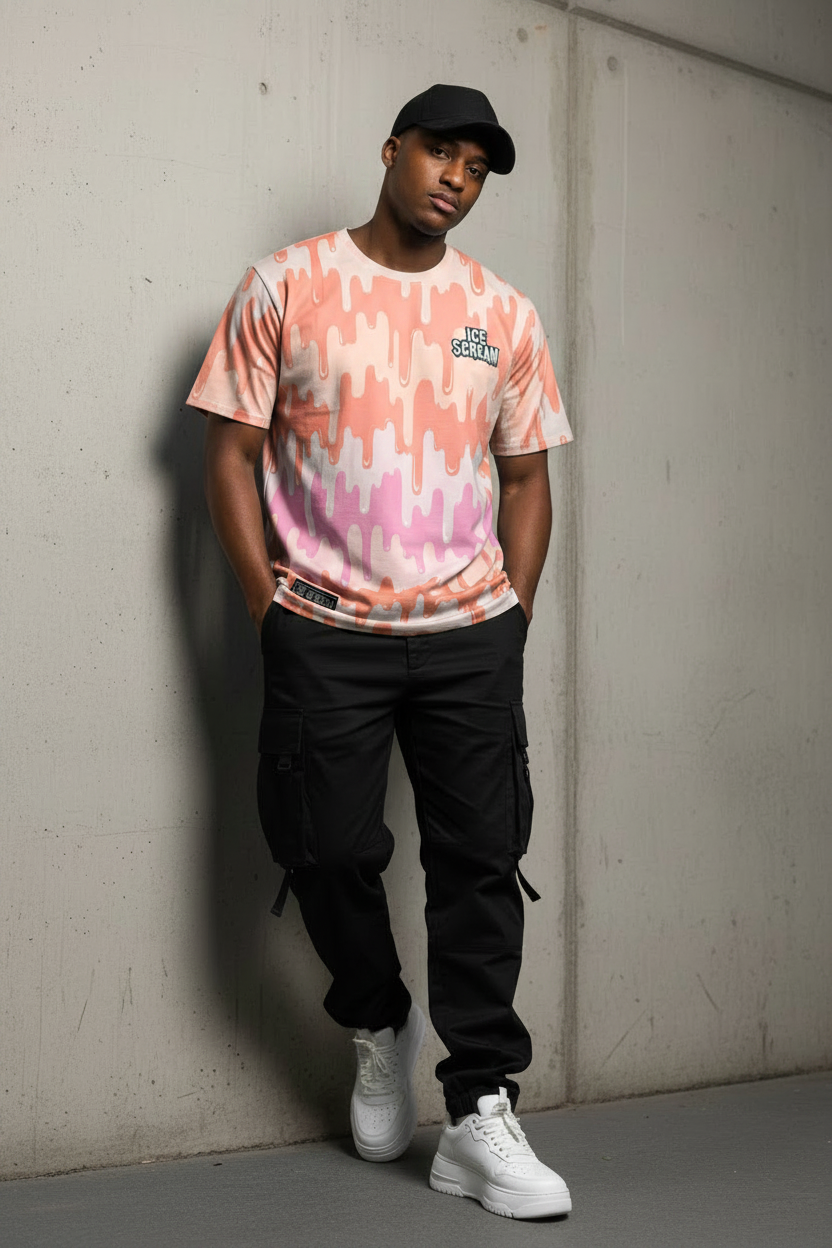 Sunset Melt Tee by ICE SCREAM — peach coral to lavender drip all-over print