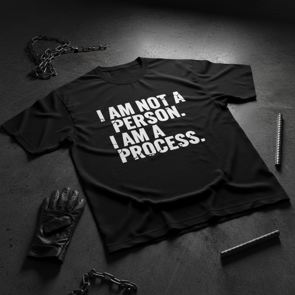 Black heavyweight tee with bold white I AM NOT A PERSON I AM A PROCESS typography