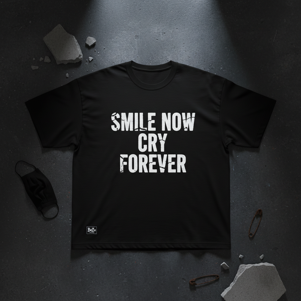Black heavyweight tee with bold white SMILE NOW CRY FOREVER typography