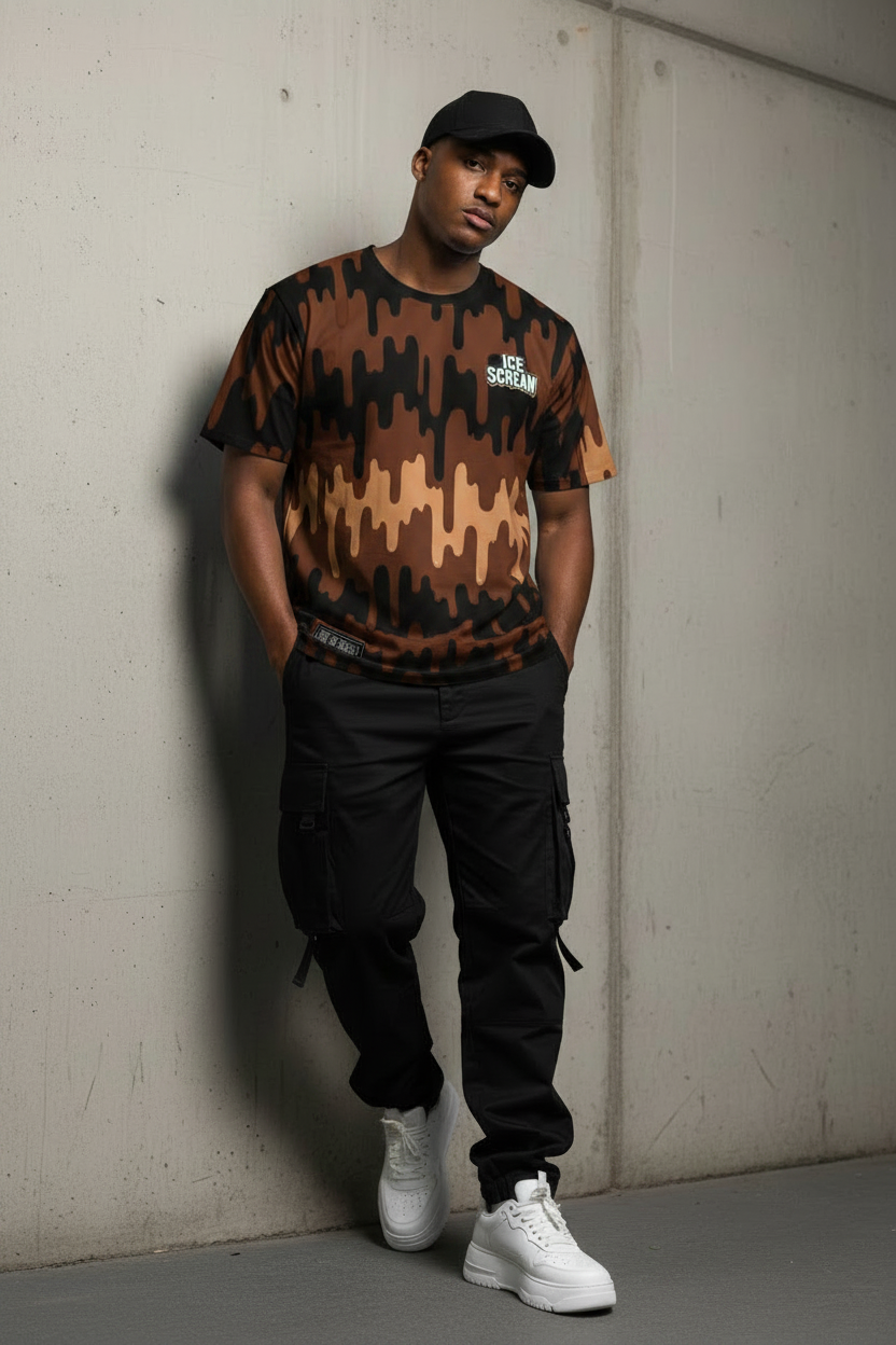 Fudge Edition Tee by ICE SCREAM — chocolate to caramel to black fudge drip all-over print
