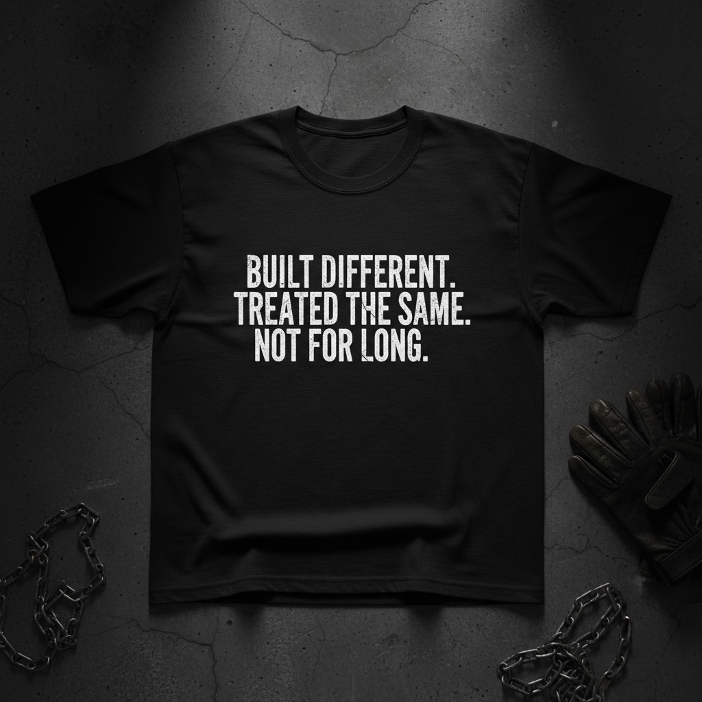 Black heavyweight tee with bold white typography - Built Different Treated The Same Not For Long