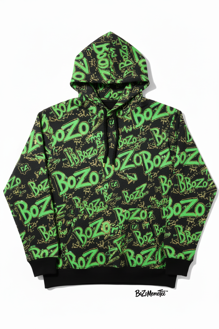 Neon green all-over BoZo typography graffiti oversized hoodie black gold lettering BoZoMemeTee streetwear